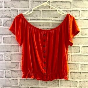 Suzy sheer off shoulder crop top orange size small, short sleeve